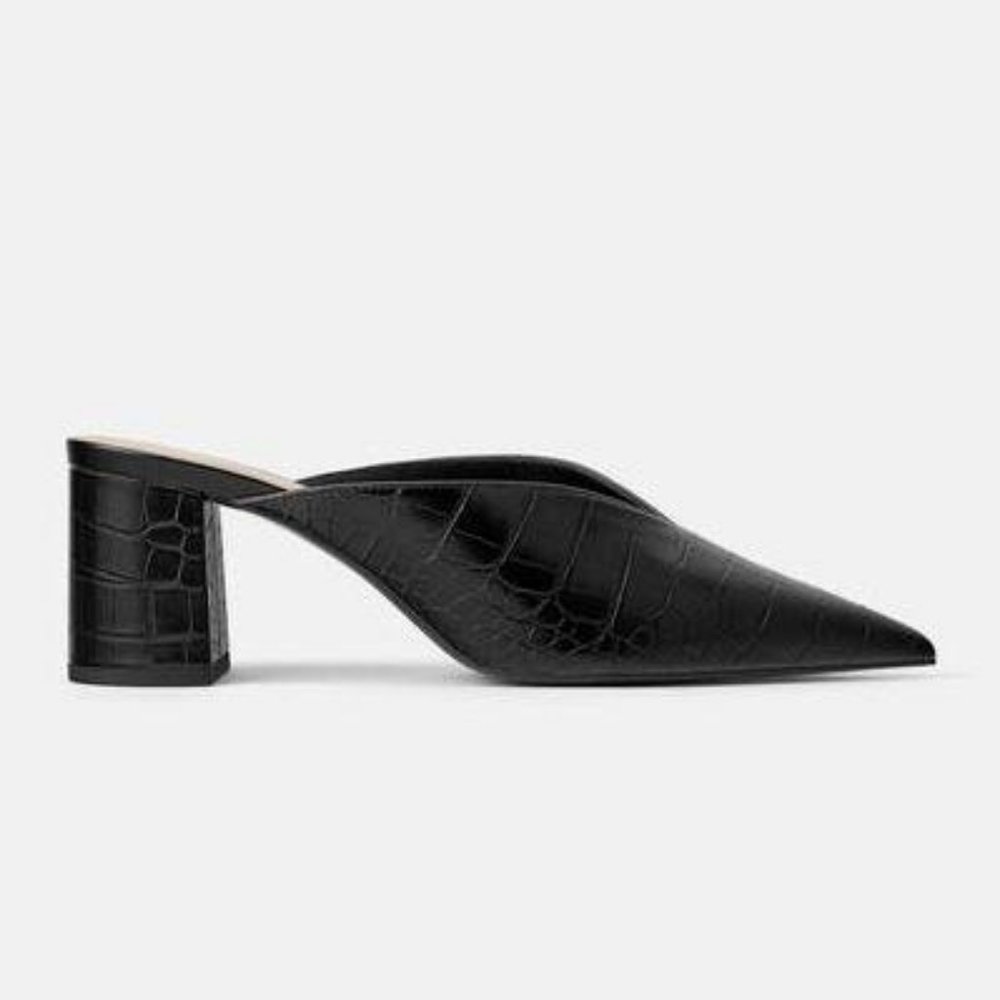 Zara Black Croc Point Toe Slip On Mule Heels